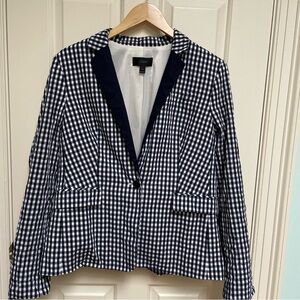 J. Crew sz 14 Navy White Gingham Seersucker Blazer 100% Cotton w poly lining EUC